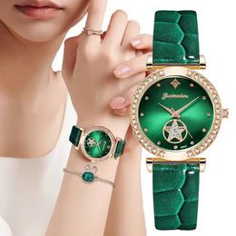 Luxury Women Fashion Green Watches Qualities Diamond Studded Quartz Watch Ladies Leather Wristwatches Elegant Montre Femme 240322