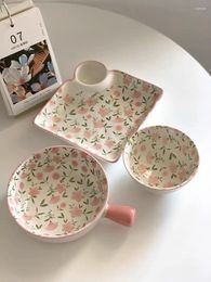 Plates Japanese Pastoral Style Small Fresh Pink Flower Ceramic Household Soup Plate Bowl Milk Pot Bread Main Dish