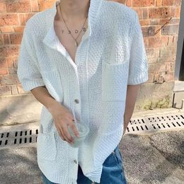 Men's Casual Shirts Trendy Crocheted Men Knit 2024 Summer Button Hollow Out Tops Tee Clothing Solid Short Sleeve T Shirt Cardigan