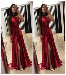 Halter Dark Red ALine Prom Dresses 2018 Cheap Evening Gowns Slit Vestidos De Fiesta Party Wear9938760