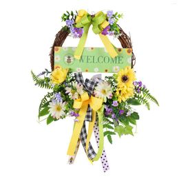 Decorative Flowers Spring Door Wreath Artificial Flower Bow Eucalyptus Welcome Sign Summer Fall Garland Hangings Decor For Front Wall