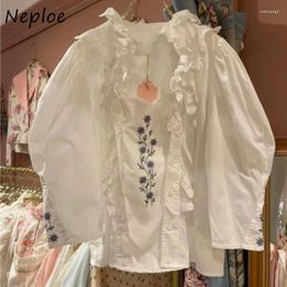 Women's Blouses Neploe Vintage V-neck Ruffles Shirts Women 2024 Summer Sweet Embroidery White Y2k Long Sleeve Loose Blusas Mujer