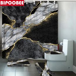 Shower Curtains Black Marbling Curtain Gold Crack Ink Texture Bathroom Stone Pattern Bath Mat Floor Rugs Toilet Lid Cover