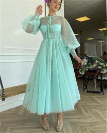 Dresses Turquoise Green Dotted Tulle Tea Length Prom Dresses With Buttons ONeck Puffy Long Sleeve Homecoming Party Dress ALine Cocktail