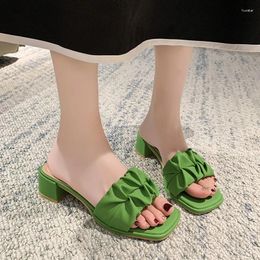 Slippers Pleated Solid Color Square Head Large Size Female Summer Wear 2024 Fairy Style High Heel Comfortable Sandals