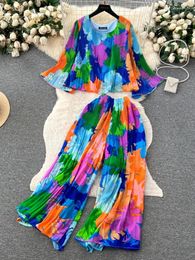 Women's Two Piece Pants Women Elegant Pleated Set Summer Chiffon Shirts Wide Leg Floral Print Suits Casual Beach Outfits