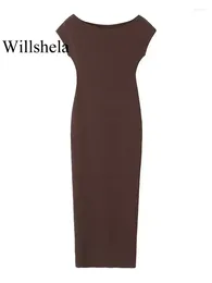 Party Dresses Women Fashion Brown Slim Fitting Midi Dress Vintage Slash Neck Short Sleeves Female Chic Lady