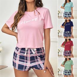 Home Clothing Summer Women's Pajamas Set Screw Neck Tee & Shorts Sleepwear 2 Pieces Plaid Print Nightwear Elastic Drawstring Homewear Cloth