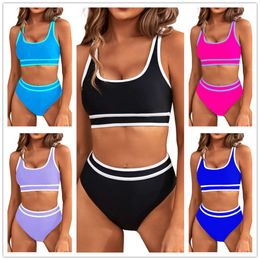 2024 New Womens Solid Color Nylon Sports Tank Top Split High Waist Swimsuit