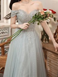 Party Dresses French Elegant Slash Neck Solid Temperament Evening Front Exquisite Diamond Beading Appliques Vestidos Fairy Mesh Gown