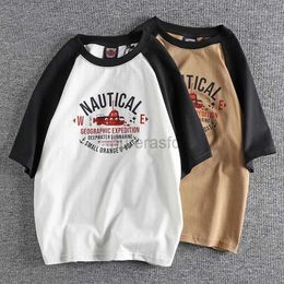 Men's T-Shirts Fashionable mens new all-cotton wash insert rotator sleeve color contrast short-sleeved T-shirt ship letter pattern casual t 2445