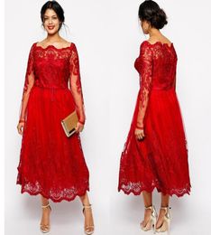 Stunning Red Plus Size Evening Dresses Sleeves Square Neckline Lace Appliqued ALine Prom Gowns Tulle TeaLength Formal Dress8716570