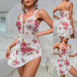 Women's Sleepwear Mesh Hollow Nightdress Floral Print Sleeping Dress Backless Strap Nightgown Nightie Sexy Pajamas Women Nightwear