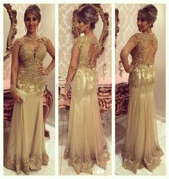 Sparkly Gold Formal Long Prom Evening Dresses Lace Appliques Beaded High Neck Long Sleeves Red Carpet Celebrity Gowns Custom Made 1689180