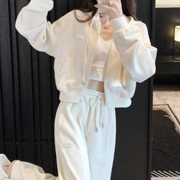 Women's Hoodies Hooded Zip Up Two-piece Long-sleeved White Casual Top Autumn Thin Coat High-waisted Straight Slim Tracksuit Pants Woman