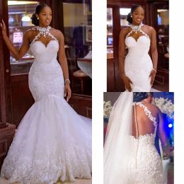 Dresses 2022 Amazing White Mermaid Wedding Dresses Plus Size High Neck See Though Back Lace Applique African Vestidos De Novia Bridal Dres