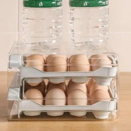 Storage Bottles Drawer-type Egg Rack 32 Grid Double Layer Box Transparent Stackable Pull Out Drawer Design For Kitchen Fridge