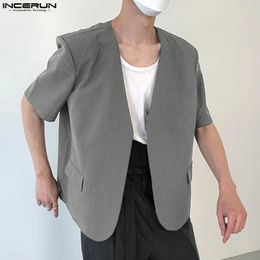 INCERUN Men Blazer Solid Colour V Neck Short Sleeve Open Stitch Casual Suits Streetwear Summer 2024 Fashion Male Cardigan 240326