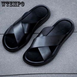 Slippers Microfiber Leather For Men El Beach Summer Shoes High Quality Slip On Light Flats Male Peep Toe Cross Strap