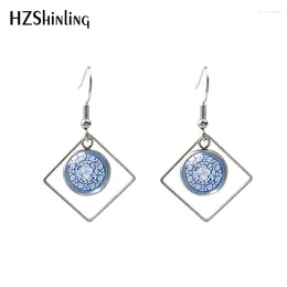 Dangle Earrings 2024 Blue Flower And White Porcelain Rhombus Hook Glass Cabochon Round 12mm