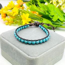 Strand 6mm Braid Leather Rope Chain Round Blue Turkey Turquoise Stone Bracelet Ethnic Style DIY Fashion Jewelry Making Women Girls Gift