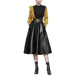 Work Dresses Spring Autumn Knitwear Tops Leather Skirt 2-Piece Set Women Wear 2024 Fashion Contrast Wool Sweater Jacket