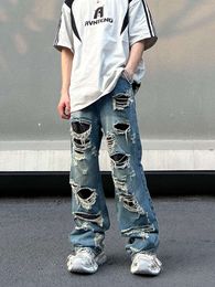 2023 New Light Colored Distressed Jeans for Men's Vibe High Street Straight Leg Loose Wide Leg Damaged Beggar Pants