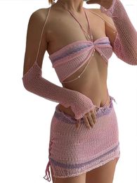 Women's Swimwear Mioliknya 2 Piece Skirt Sets For Women Sexy Knit Sleeveless Crop Top Crochet Bodycon Mini Beach Cover Up Outfits