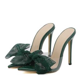 Dress Shoes Liyke Summer Thin High Heels Slippers Women Fashion Green Mesh Bowknot Pointed Toe Party Stripper PVC Transparent Sandals H240403