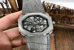 New 41mm Automatic Mens Watch Titanium steel Case Octo Finissimo 102946 102469 Skeleton Dial Black Leather Strap Gents Sportwatche3346403