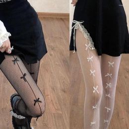 Women Socks Stockings Pantyhose Hollow Out Transparent Slim Fishnet With Bow-knot