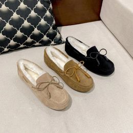 Casual Shoes Genuine Leather Bowtie Fur Flat Woman Anti-slip Lambwool Moccasins Warm Padded Winter For Cozy Loafers