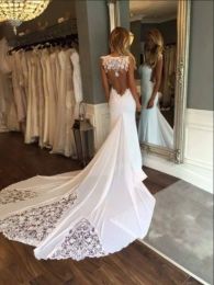 Dresses 2022 Lace Chiffon Beach Wedding Dresses Mermaid Style Sheer Neckline See Though Back Applique Bridal Gowns Wedding Dress Cheap Sum