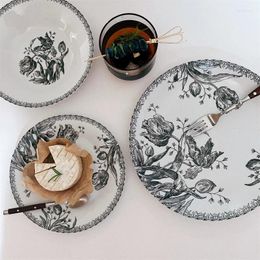 Plates Black Tulip Antique Tableware Ceramic Dinner Plate Dim Sum Household Dish Breakfast Western Coffee Cup