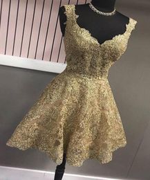 Gold V neck Homecoming Short Prom Dresses Cheap V neck With Straps Lace Bodice A line Princess New 2022 Graduation Party Formal Dr9788138