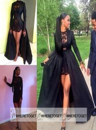 Sexy Two Piece See Through Black Lace Short Prom Dresses Long Sleeve Detachable Coat Floor Length Evening Party Gowns 20198418444