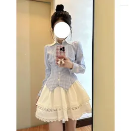 Work Dresses Women Two-piece Sweet And Fresh Girl's Shirt Blue Striped Long-sleeved Waist Slim Lace Tutu Skirt Versatile Age-reducing Style