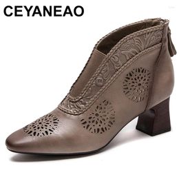 Dress Shoes 5.5cm Genuine Leather Women Boots Summer Moccasin Trend Luxury Hollow Breathable Chunky Heels Ethnic Print Ankle