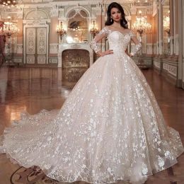 Dresses Romantic Sexy ALine Wedding Dress Sheer Jewel Neck Lace Appliques Long Sleeves Illusion Tulle Robe Mariage Vestido De Noiva Backl