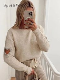 Female Fashion Love Heart Hollow Out Sweater Casual O Neck Long Sleeve Knitted Jumpers Autumn Women High Street Pullovers 240321