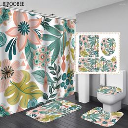 Shower Curtains Green Leaf Beautiful Flower Bathroom Curtain Set Waterproof Polyester Fabric Toilet Cover Non-slip Rug Bath Mats