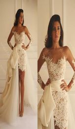 2019 Sexy Summer Beach Wedding Dresses Sheath Detachable Train Long Sleeve Sheer Neck Applique Lace Yasmine Yeya Bridal Gowns Cust4266261