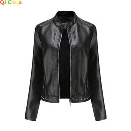 2024 Spring Autumn Faux Soft PU Leather Jackets for Women Coats Black Red Fashion Rivets Slim Design Long Sleeve Casual Outwear 240402