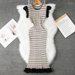 Casual Dresses Women Chic Sleeveless Ruffle Sexy Slim Bodycon Stripe Dress Fashion Knit Tight Vestido Elegant Trumpet Dresss