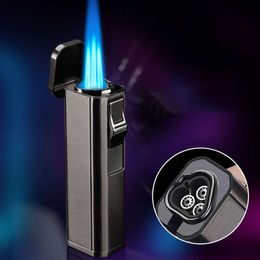 Metal Outdoor Windproof Portable Turbo Torch Butane Without Gas Lighter 3 Fire Blue Flame Straight Flush Cigar Cutter Exquisite Gifts