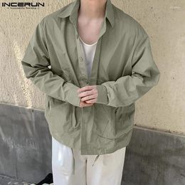 Men's Casual Shirts Handsome Well Fitting Tops INCERUN Men Silhouette Pleated Large Pocket Design Solid Long Sleeved Blouse S-5XL