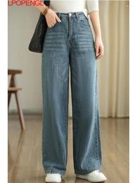 Women's Jeans Fashion Spring Casual Washed Do Old Denim Straight Pants 2024 Women Vintage High Waisted Streetwear Button Wide Leg