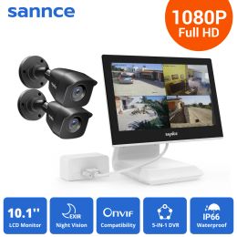 System SANNCE 10"1 LCD Monitor 5in1 4CH DVR with 2PCS 1080P CCTV IP66 Waterproof Indoor Outdoor Security Bullet Camera System