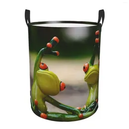 Laundry Bags Funny Green Frogs Print Hamper Circular Waterproof Storage Basket Protable Clothes Bin For Home Organiser