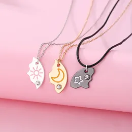 Charms Alloy Friendship Necklace Inlaid Rhinestone Sun Moon Cloud Star Jewellery Gift Round Pendant Three Person Chain Friend